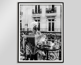 Woman Reading Newspaper in Coffee Shop Print, Feminist Black and White Paris Photography Wall Art, Digital Download, Luxury Fashion Decor
