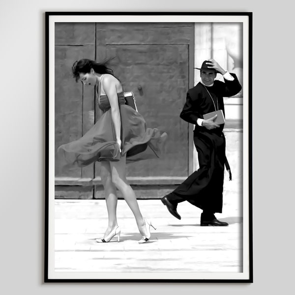 Woman and Priest in Paris Print, Black and White, Fashion Poster, Funny Wall Art, Antique Photo, Printable Wall Art, Teen Girl Bedroom Decor