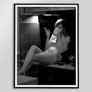 Woman Drinking Coffee in Kitchen Print, Black and White, Vintage Poster, Dining Room Wall Art, Coffee Shop Decor, Cafe Art, Digital Download