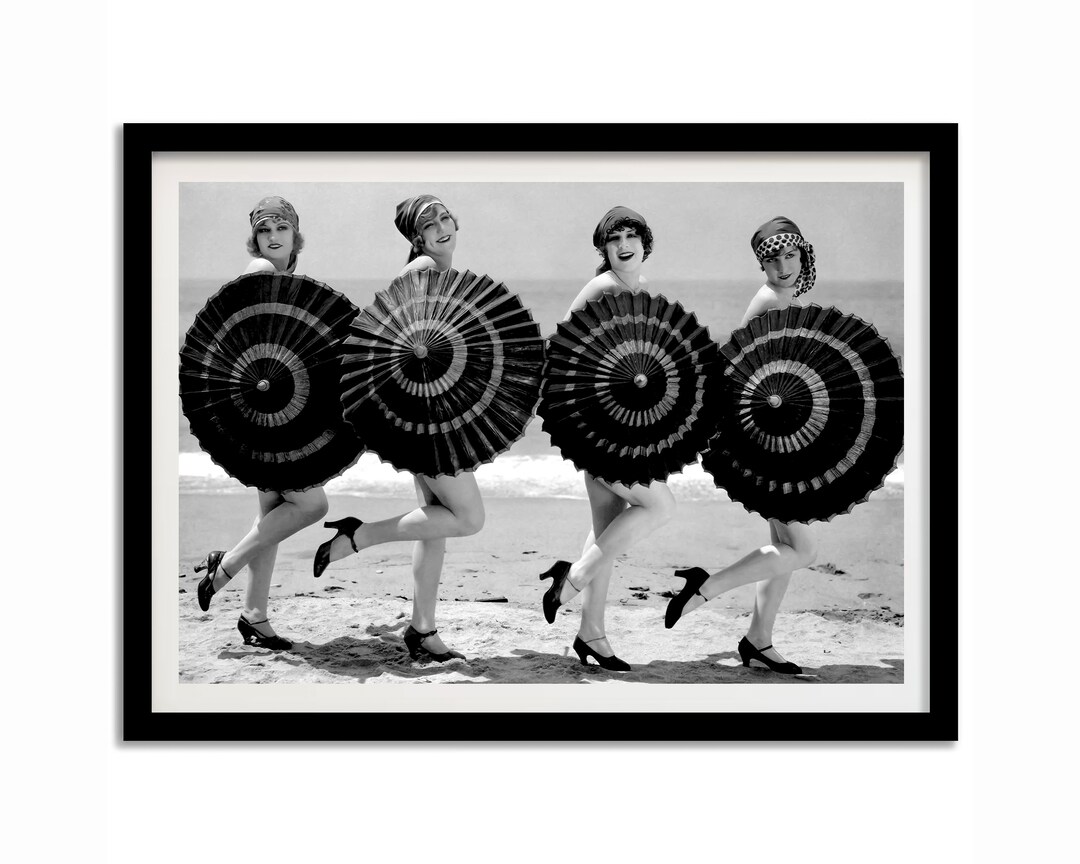 Flapper Girls With Umbrellas on Beach Print, 1920s, Black and White