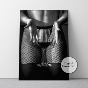 Woman Holding Red Wine Glass Print, Black and White, Feminist Poster, Bar Cart Print, Alcohol Wall Art, Teen Girl Room Decor, Sexy Wall Art