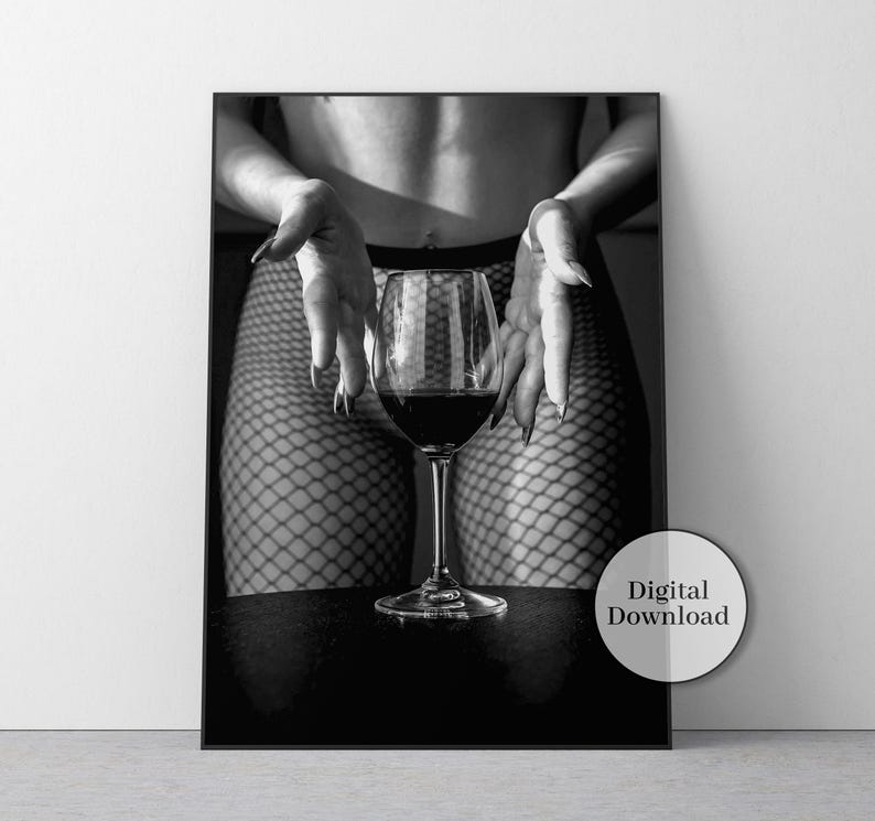 Woman Holding Red Wine Glass Print, Black and White, Feminist Poster, Bar Cart Print, Alcohol Wall Art, Teen Girl Room Decor, Sexy Wall Art