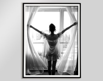Woman in Window Print, Black and White Photography, Vintage Wall Art (Digital Download)