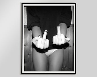 Middle Finger Feminist Print, Empowered Woman, Black and White (Digital Download)