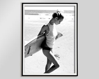 Black and White Surfer Girl Photo, Vintage Beach Poster (Digital Download)