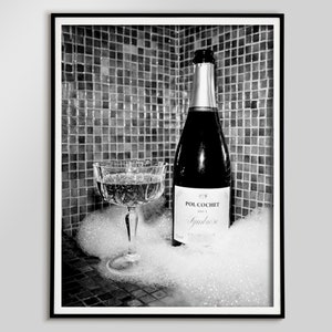 Champagne in the Bathroom Poster, Black and White, Bar Cart Print, Alcohol Wall Art, Cocktail Print, Bathroom Wall Decor, Digital Download
