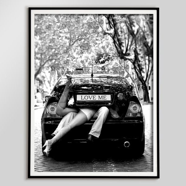 Romance in the Car Print, Couple Poster, Black and White, Vintage Photography, Romantic Bedroom Decor, Digital Download, Romantic Wall Art