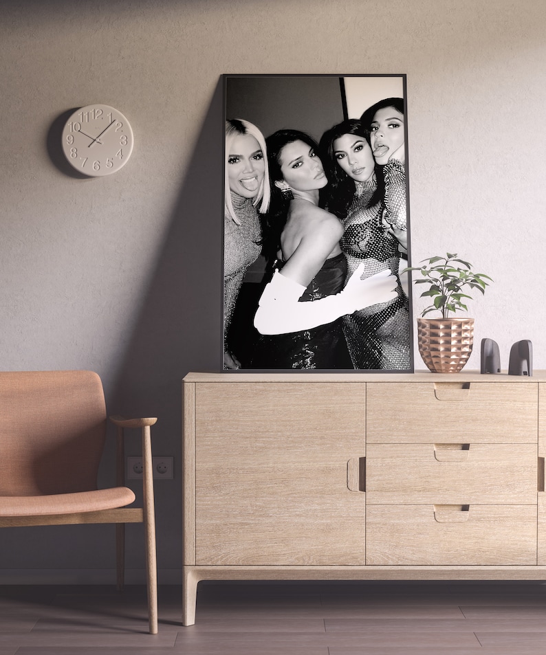 khloe kardashian, kourtney kardashian, kendall jenner, poster, print, black and white, fashion print, glam room decor, glam wall art, vanity decor, fashion poster, teen girl room decor, beauty room decor
