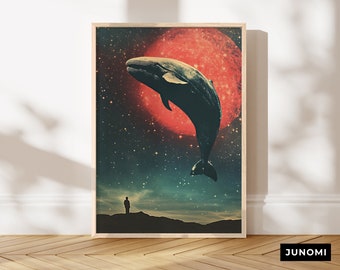 JUNOMI® Surrealismus Poster DIN A2 - Motiv 09 | Vintage Poster, Sterne, Wal, Planeten, 60er, 70er, 80er