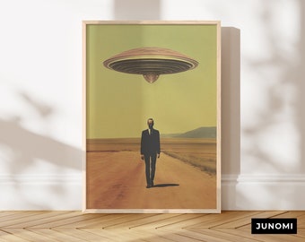 JUNOMI® Surrealismus Poster DIN A2 - Motiv 06 | Vintage Poster, Ufo-Poster, Wüste, Planeten, 60er, 70er, 80er