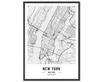 JUNOMI® New York Poster XL Schwarz Weiss, DIN A2 Wohnzimmer Deko, Modernes Wandbild, New York Bild, Wandbild ohne Rahmen, Stadtplan Poster