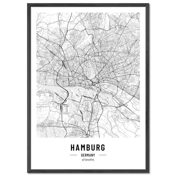 JUNOMI® Hamburg Poster XL Schwarz Weiss, DIN A2 Wohnzimmer Deko, Modernes Wandbild, Hamburg Bild, Wandbild ohne Rahmen, Stadtplan Poster