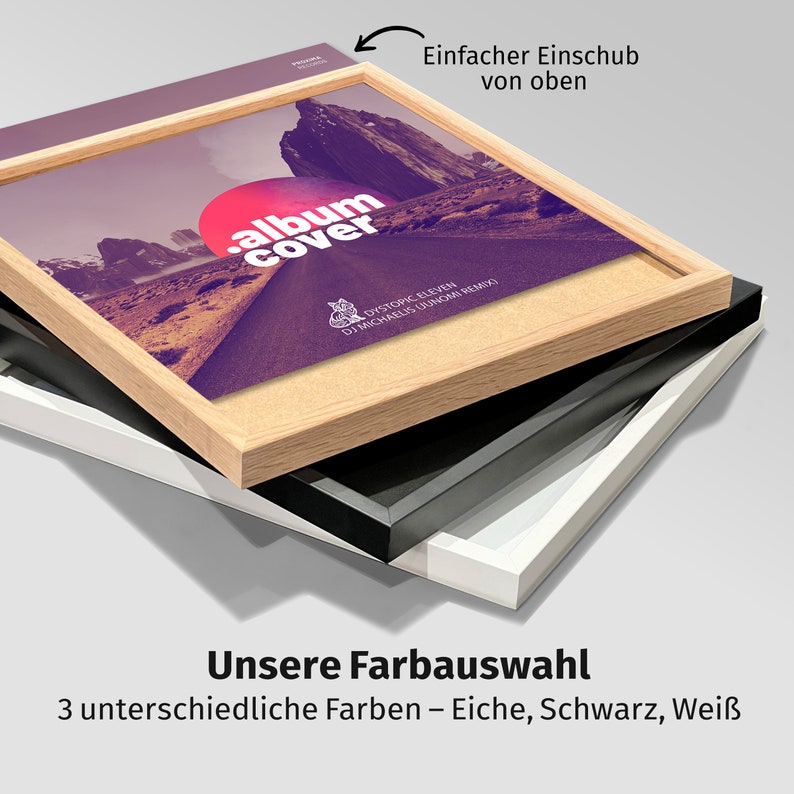 Schallplatten Bilderrahmen in drei Farben. Eiche, Schwarz und Weiß