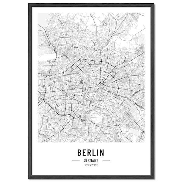 JUNOMI® Berlin Poster XL mit Rahmen Schwarz, DIN A2 Wohnzimmer Deko, Modernes Wandbild, Berlin Bild, Wandbild mit Rahmen, Stadtplan Poster