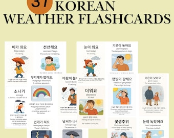 Korean 37 Weather Flashcards Digital Printable, Learn Korean Vocabulary with Cute Illustrated Cards