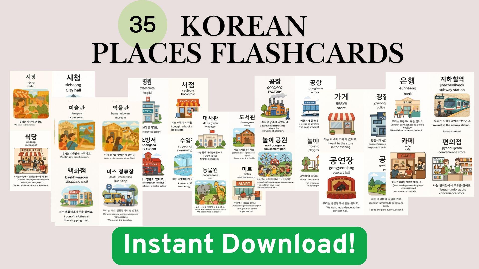 Korean 35 Places Flashcards | Printable Korean Vocabulary Cards | Digital Download for Korean Language Learners