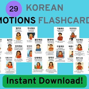 Tarjetas de memoria de emociones coreanas para niños / Tarjetas imprimibles de sentimientos y emociones / Materiales de aprendizaje del idioma coreano estilo K-Drama