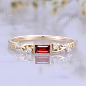 Vintage stokbrood gesneden robijnrode trouwring, geelgouden minimalistische petite verlovingsring, jubileumringen voor vrouwen, geboortesteenring