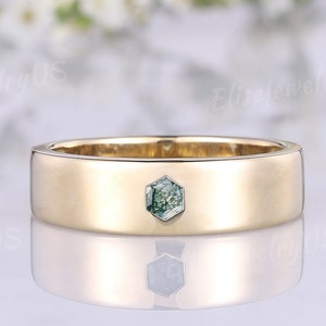 Vintage Mens Ring Hexagon moss agate wedding band solid gold Unique Mens wedding band Art Deco Minimalist 14k Gold Anniversary gift for Men
