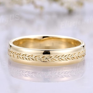 Leaf Wedding Band Art Deco Hand Engraved Mens Wedding Band Solid Gold Band Antique Wedding Band Minimalist Ring Stacking Ring Gift For Him