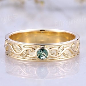 Leaf Mens Ring Moss Agate Wedding Band Round Cut Agate Ring Solid Gold Mens Wedding Band Nature Inspired Floral Anniversary Gift For Men