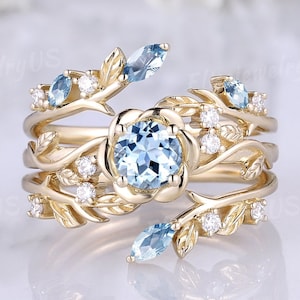 Flower Aquamarine Engagement Ring Set Gold Rings Unique Wedding Rings Vintage Aquamarine Rings Nature Inspired Floral Anniversary Gift Women