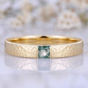 Masculine Moss Agate Wedding Band Princess Cut Agate Unisex Solid Gold Wedding Band Hammered Stacking Handmade Promise Anniversary Gift