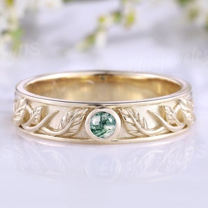 Mens Engagement Ring Leaf Mens Ring Moss Agate Wedding Band Round Cut Gold Mens Wedding Band Nature Inspired Floral Anniversary Gift For Men