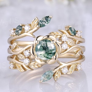 Bloem mosagaat verlovingsring set 3 stuks gouden ringen unieke trouwringen vintage groene ringen op de natuur geïnspireerd bloemen jubileumcadeau dames