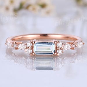 Unique Aquamarine Wedding Band Baguette Cut Aquamarine Ring Solid Gold Ring Diamond Wedding Ring Minimalist Promise Ring Anniversary gift
