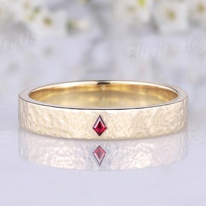 Men Wedding Ring Kite Cut Ruby Ring 4mm Gold Ring Hammered Stacking Matching Band Promise Rings For Men Anniversary Gift Birthstone Ring