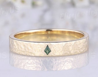 Männer Ehering Kite Cut Moosachat Ring 4mm Solid Gold Ring Gehämmert Stapeln Passenden Band Versprechen Ringe für Männer Jahrestag Geschenk