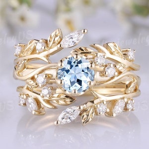 Dainty Aquamarine Engagement Ring Set Gold Moissanite Wedding Ring Set Leaf Wedding Band Nature Inspired Floral Ring Anniversary Gift