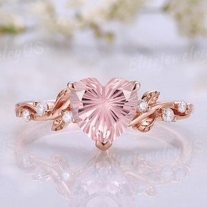 Unique Heart Shaped Pink Sapphire Engagement Ring Leaf Floral Ring Nature Inspired Pink Sapphire Ring Rose Gold Promise Rings For Women