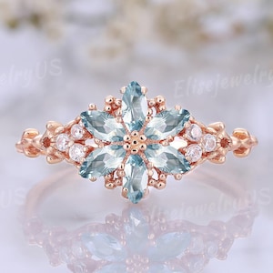 Unique Aquamarine Engagement Ring Floral Wedding Ring Marquise Cut Gold Wedding Band Diamond Bridal Birthstone Promise Ring Anniversary Gift