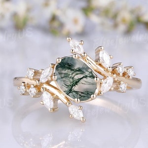 Oval Moosachat Verlobungsring Fee Verlobungsring Gold Natur inspiriert Hochzeit Ring Versprechen Ring Jahrestag Geschenk