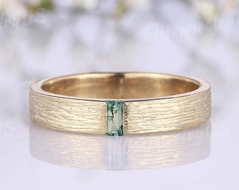 4mm Baguette Cut Moss Agate Wedding Band, Solid Gold Sandblasted Stacking Matching Band, Handmade Anniversary Rings for Men