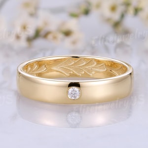 Dainty Moissanite Men Wedding Band Nature Inspired Ginkgo Leaf Design Diamond Gold Stacking Matching Ring Promise Anniversary Ring for Him