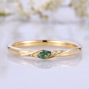 Marquise Cut Moss Agate Wedding Band Solid Gold Wedding Ring Women Stacking Matching Ring Nature Inspired Anniversary Ring For Women