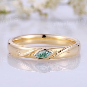 Moss Agate Wedding Band Twig Mens Ring Marquise Cut Agate Ring Solid Gold Mens Wedding Band Nature Inspired Anniversary Ring For Men