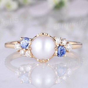 Anillo de compromiso de perlas de oro de 14 quilates, anillo de perlas Akoya para mujer, anillo de boda vintage inspirado en la naturaleza, anillo nupcial único