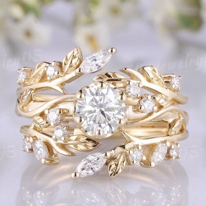 Vintage Moissanite Flower Engagement Ring Set Gold Moissanite Wedding Ring Set Leaf Wedding Band Nature Inspired Floral Anniversary Gift