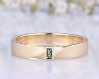 3.3mm Mens Wedding Band,  Baguette Cut Moss Agate Engagement Ring, Solid Gold Infinity Ring, Stacking Matching Band, Handmade Gift for Men