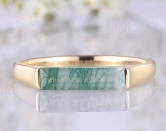 Moss Agate Wedding Ring Unique Baguette Cut Ring Art Deco Solid Gold Ring Minimalist Nature Green Gemstone Promise Ring Personalized Jewelry