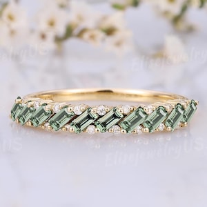 Unique Green Sapphire Wedding Band Baguette Cut Solid Gold Vintage Stackable Diamond Women Wedding Ring Moissanite Promise Anniversary Gift
