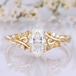 Blatt Moissanit Verlobungsring Marquise Schnitt Einzigartige Natur Inspiriert Floral Ehering Diamant Gruppe Massiver Goldring Jahrestagsgeschenk