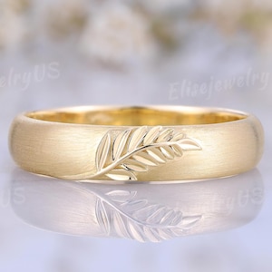 Unique Leaf Mens Wedding Band Nature Inspired Brushed Wedding Band Solid Gold Stacking Matching Rings For Him Promise Ring Anniversary Gift
