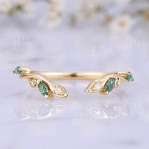 Unique Moss Agate Wedding Band Marquise Cut Agate Ring Nature Inspired Leaf Diamond Curved Wedding Ring Open Band Promise Anniversary Gift
