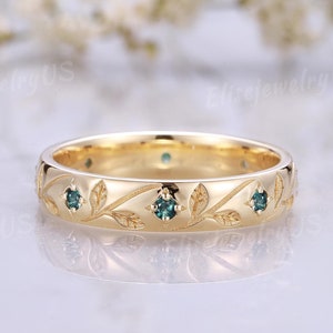 Nature Inspired Leaf Wedding Band Solid Gold Ring Green Blue Sapphire Wedding Ring Full Eternity Ring Unique Handmade Ring Anniversary Ring