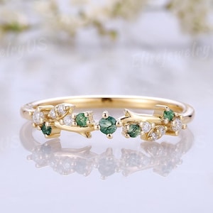 Leaf moss agate wedding band gold wedding band dainty green agate ring nature inspired leaf floral ring cluster diamond ring for women